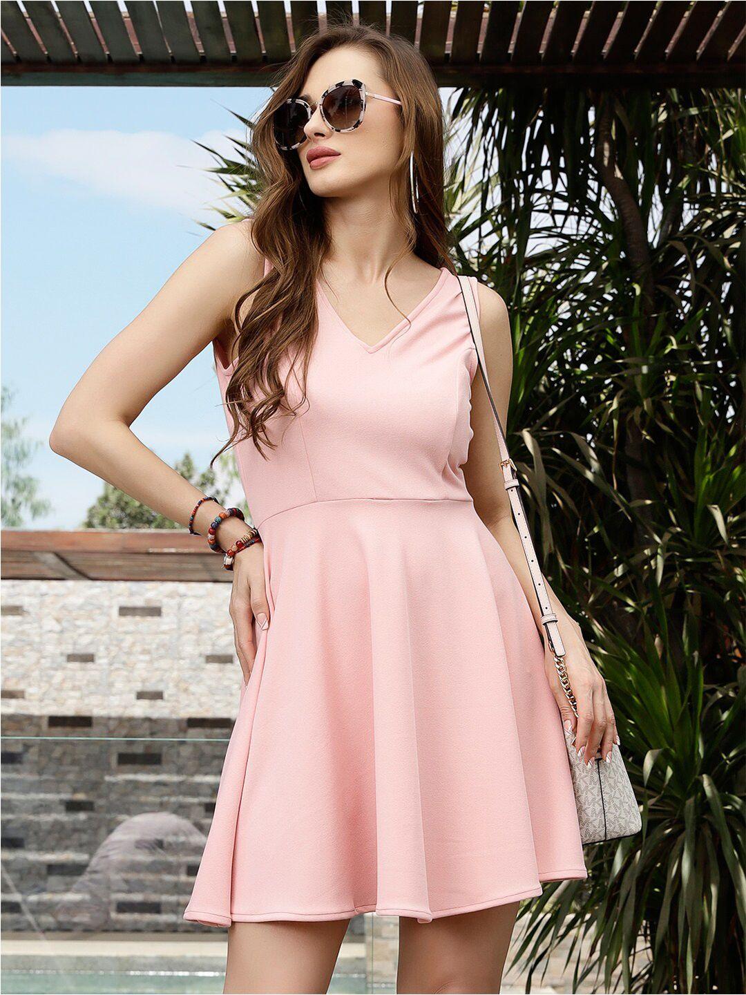 sera pink solid sleeveless scuba mini fit & flare dress
