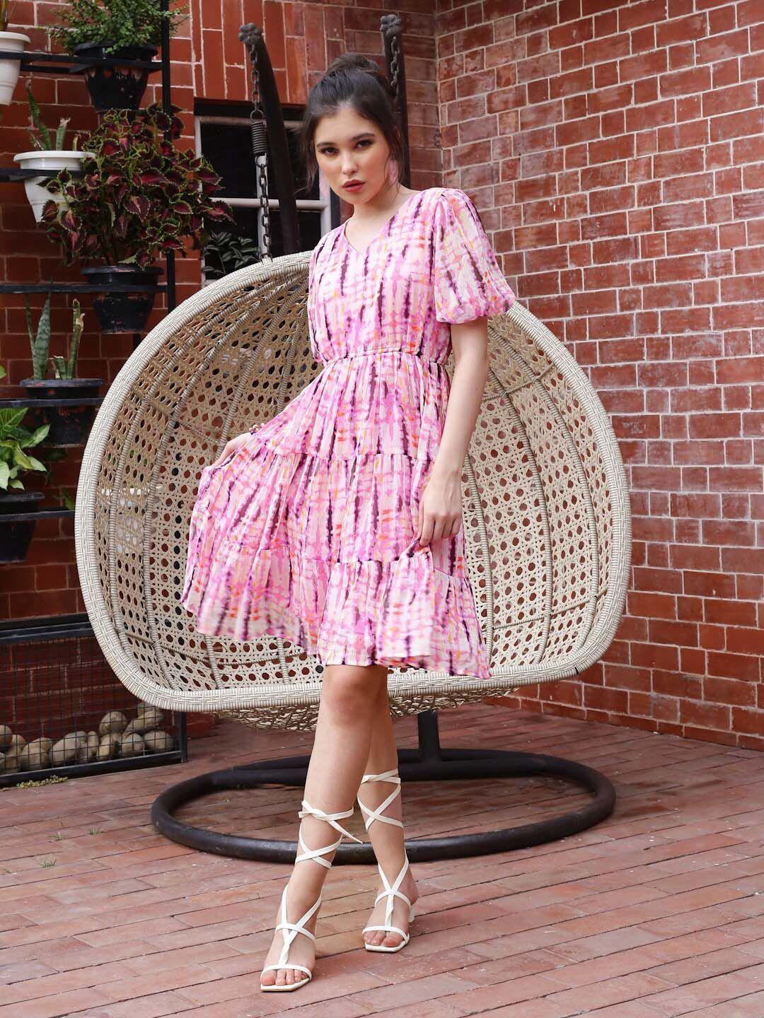 sera pink tie & dye printed tiered puff sleeves fit & flare dress