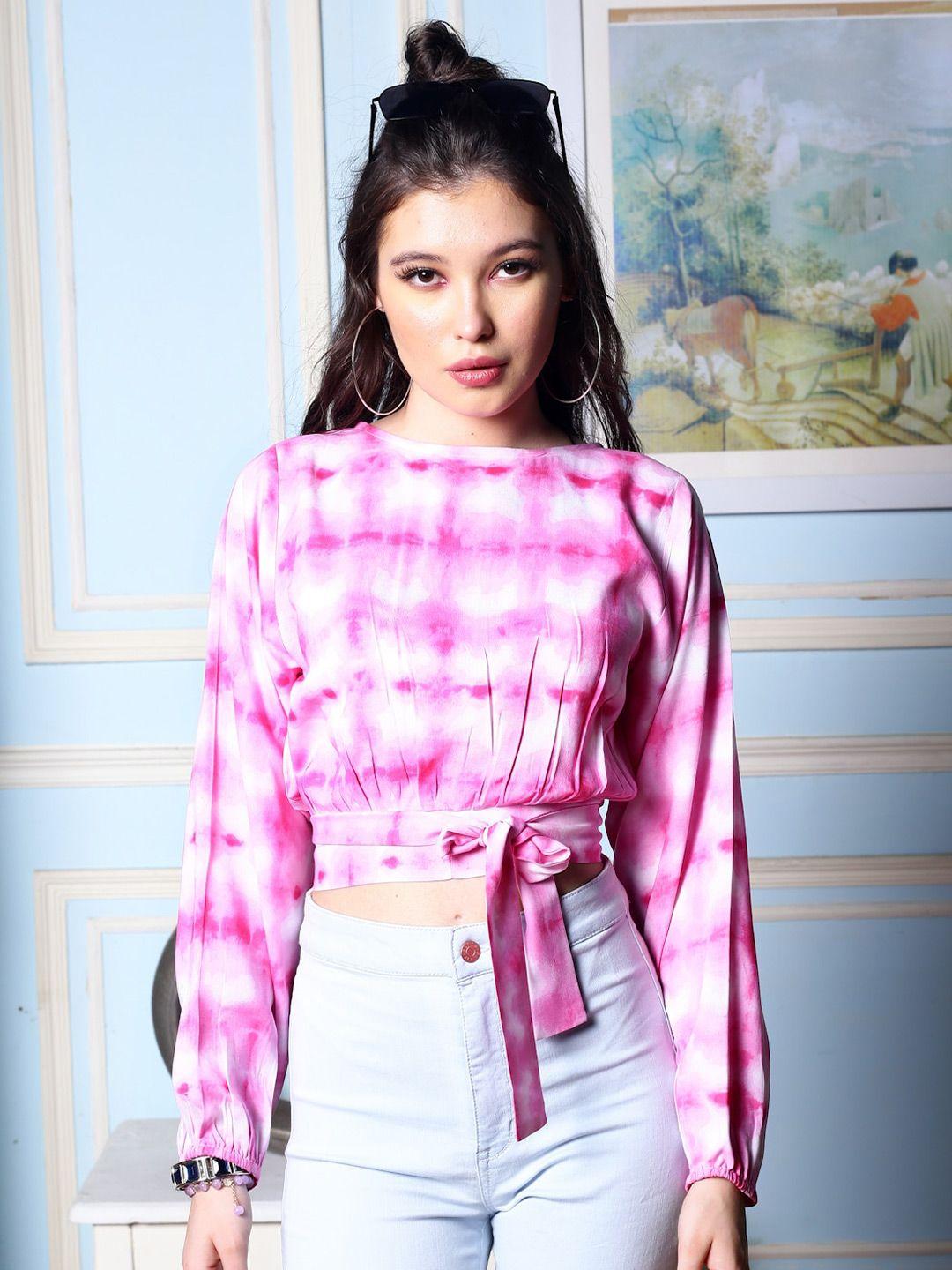 sera pink tie and dye crepe cinched waist crop top