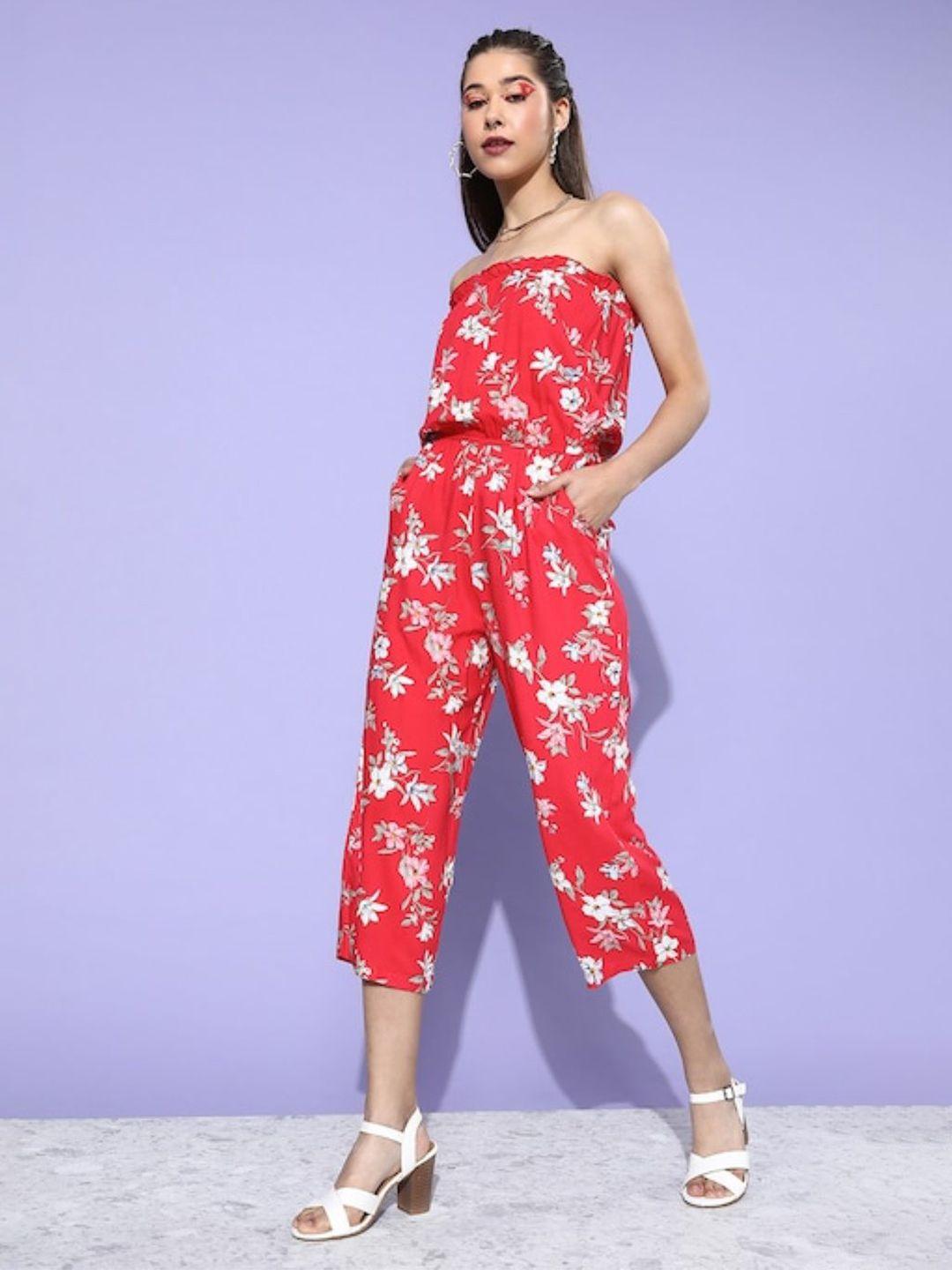 sera red & white off-shoulder printed capri jumpsuit