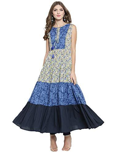 sera women's printed off white pure cotton anarkali fusion floor length kurta and palazzos set