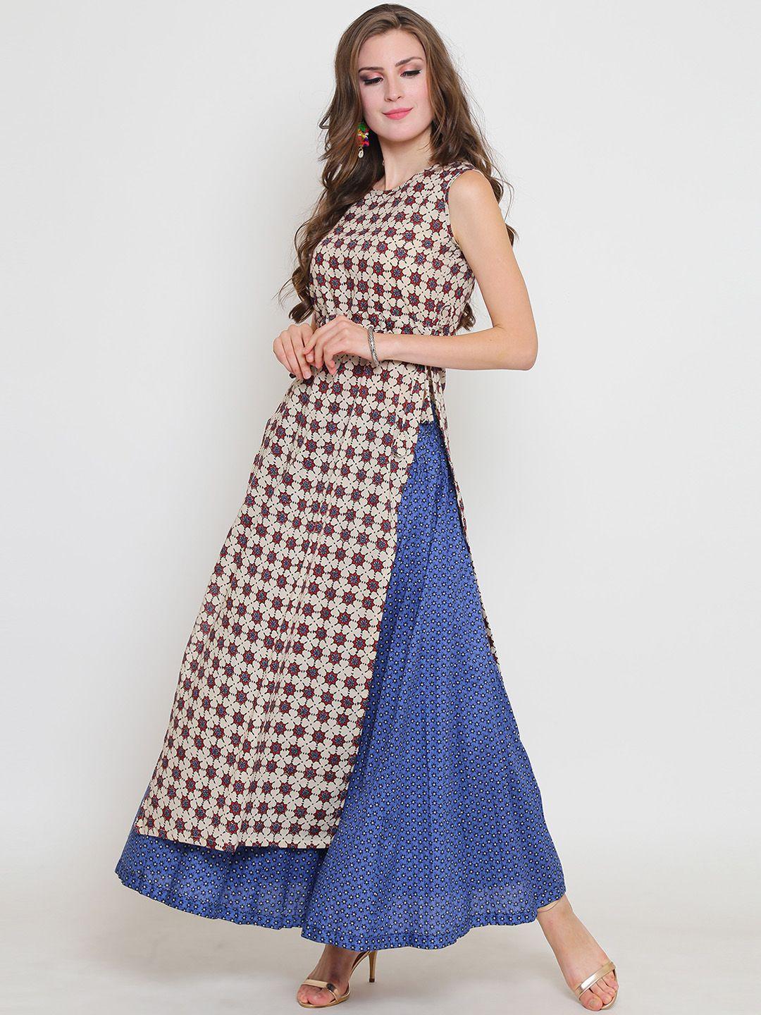 sera women beige & maroon printed kurta with skirt