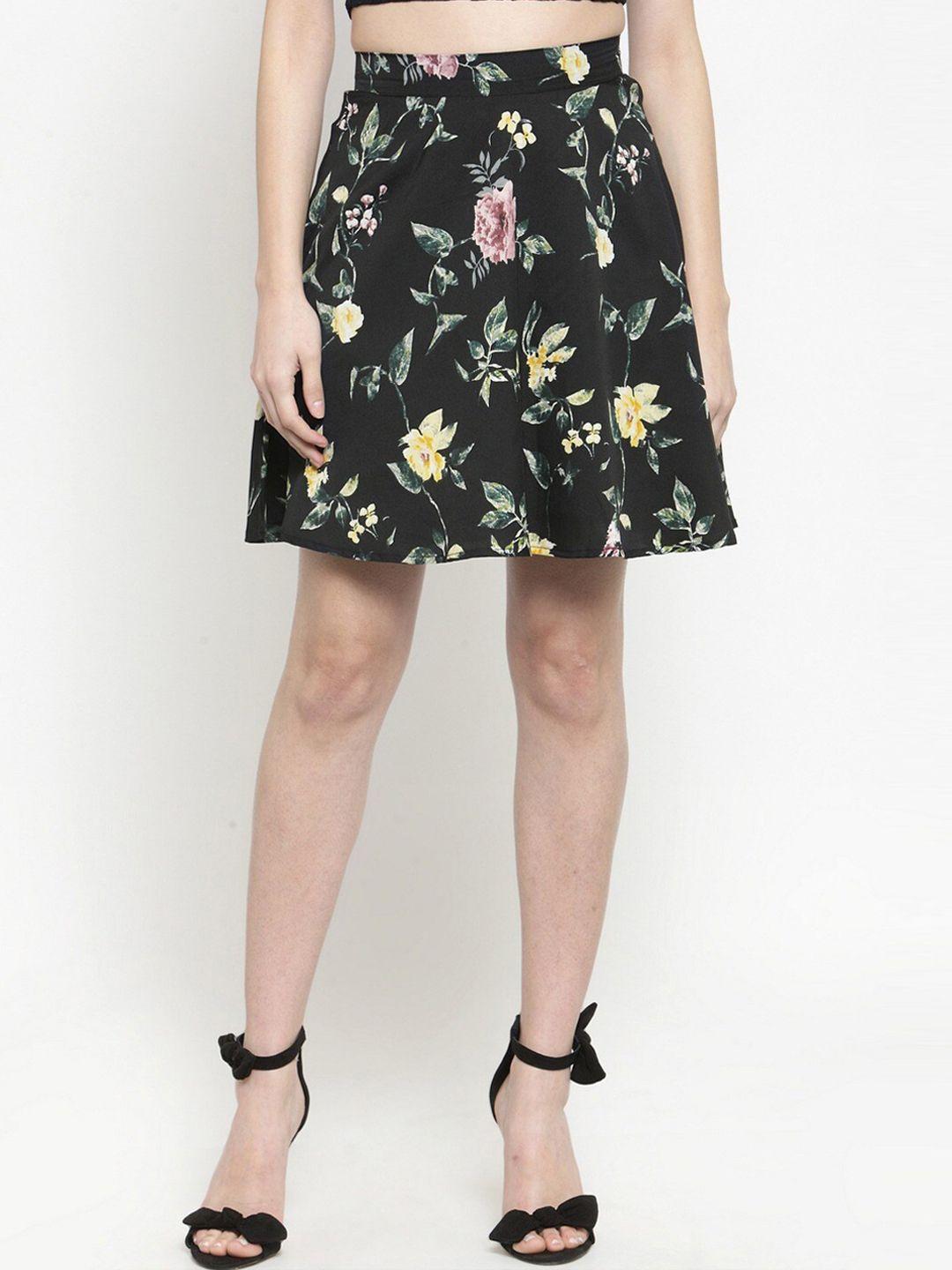 sera women black & green floral printed a-line mini umbrella skirt