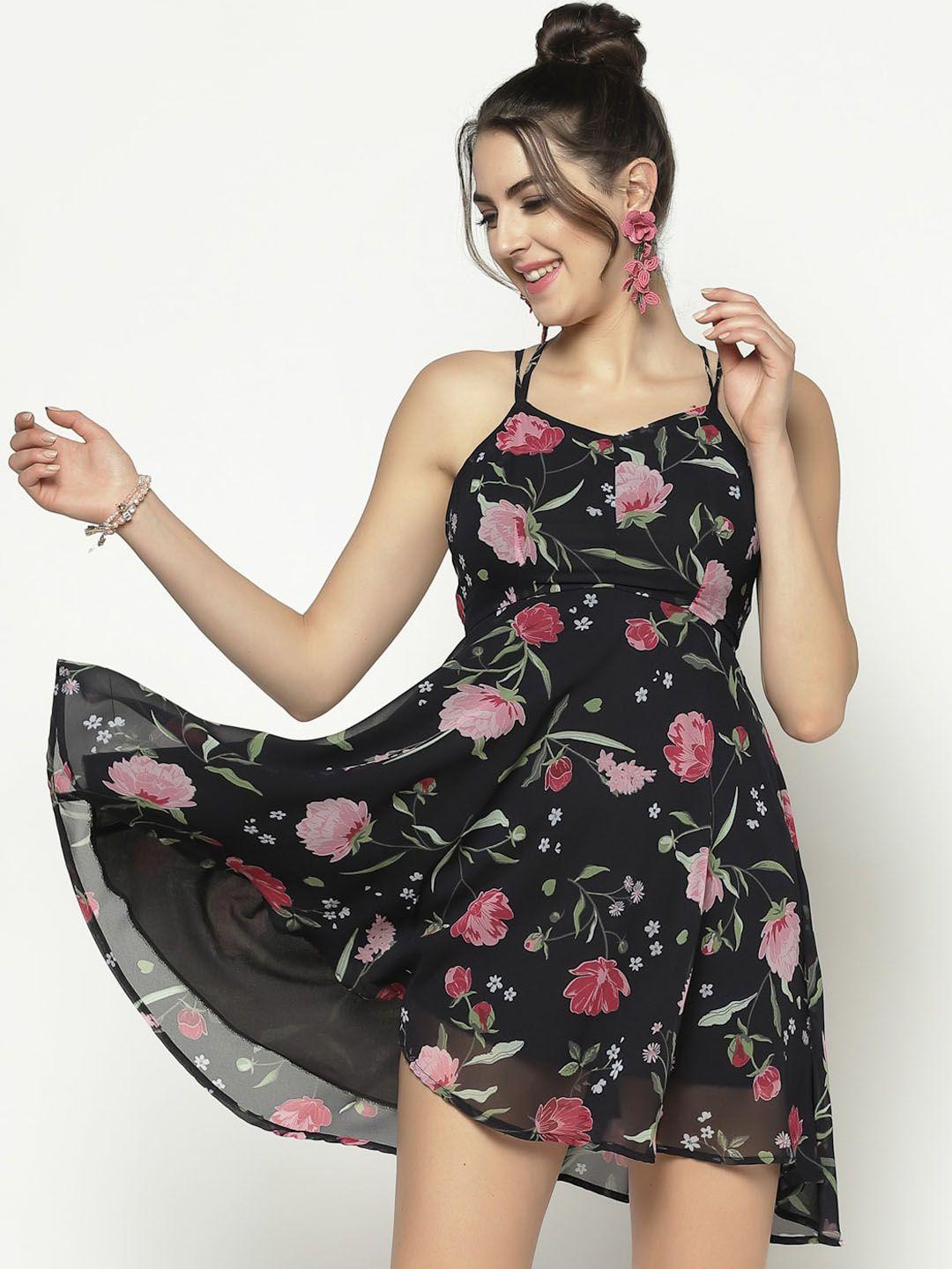 sera women black floral printed backstrap halter fit and flare dress