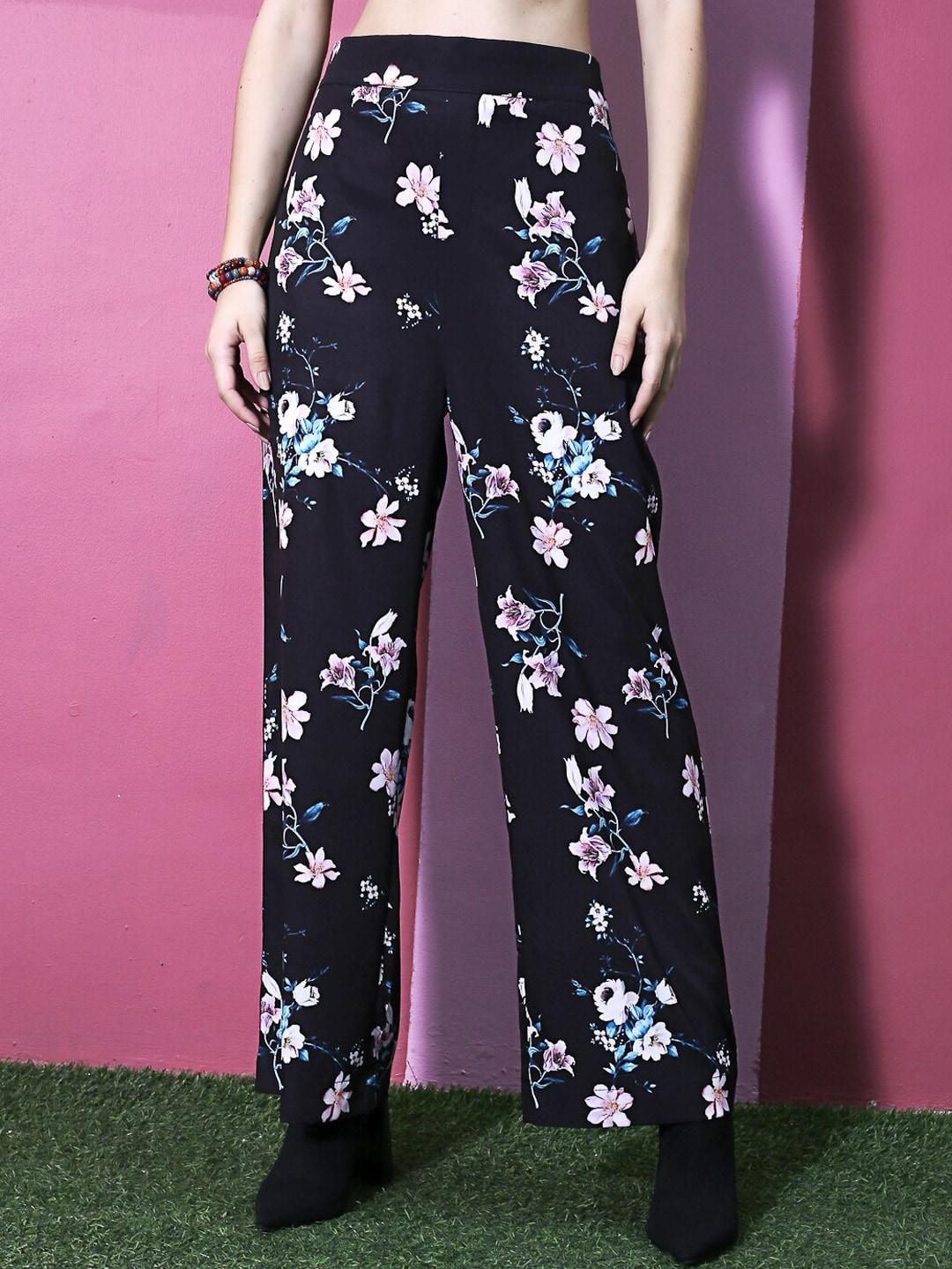 sera women black floral printed relaxed straight leg easy wash trousers