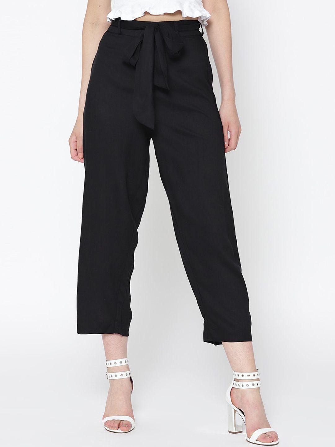 sera women black loose fit mid-rise cropped regular trousers