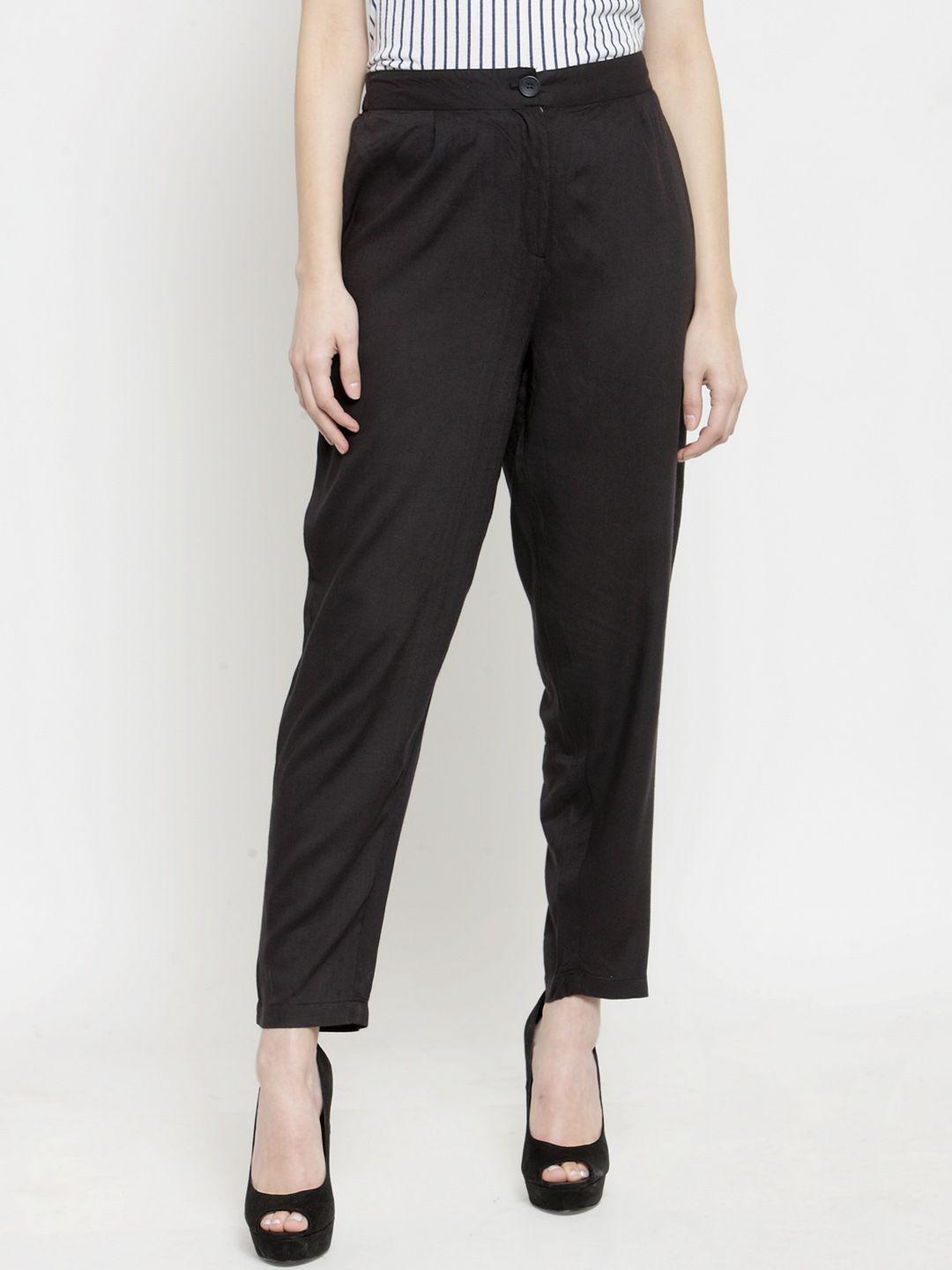 sera women black regular fit solid peg trousers