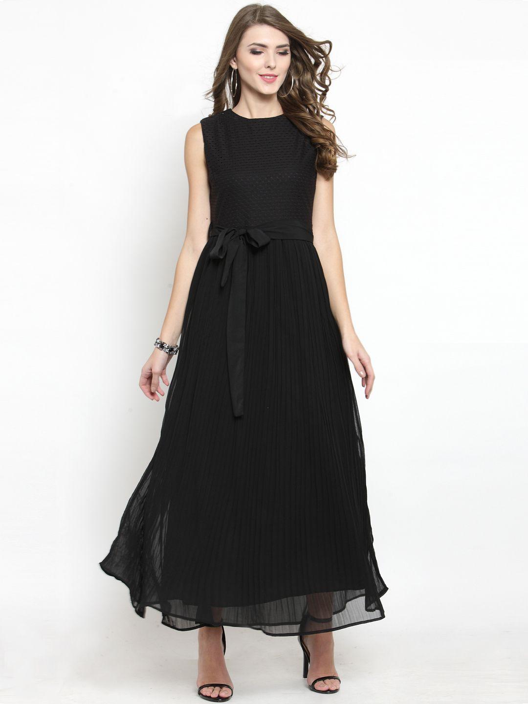 sera women black self design fit and flare dress