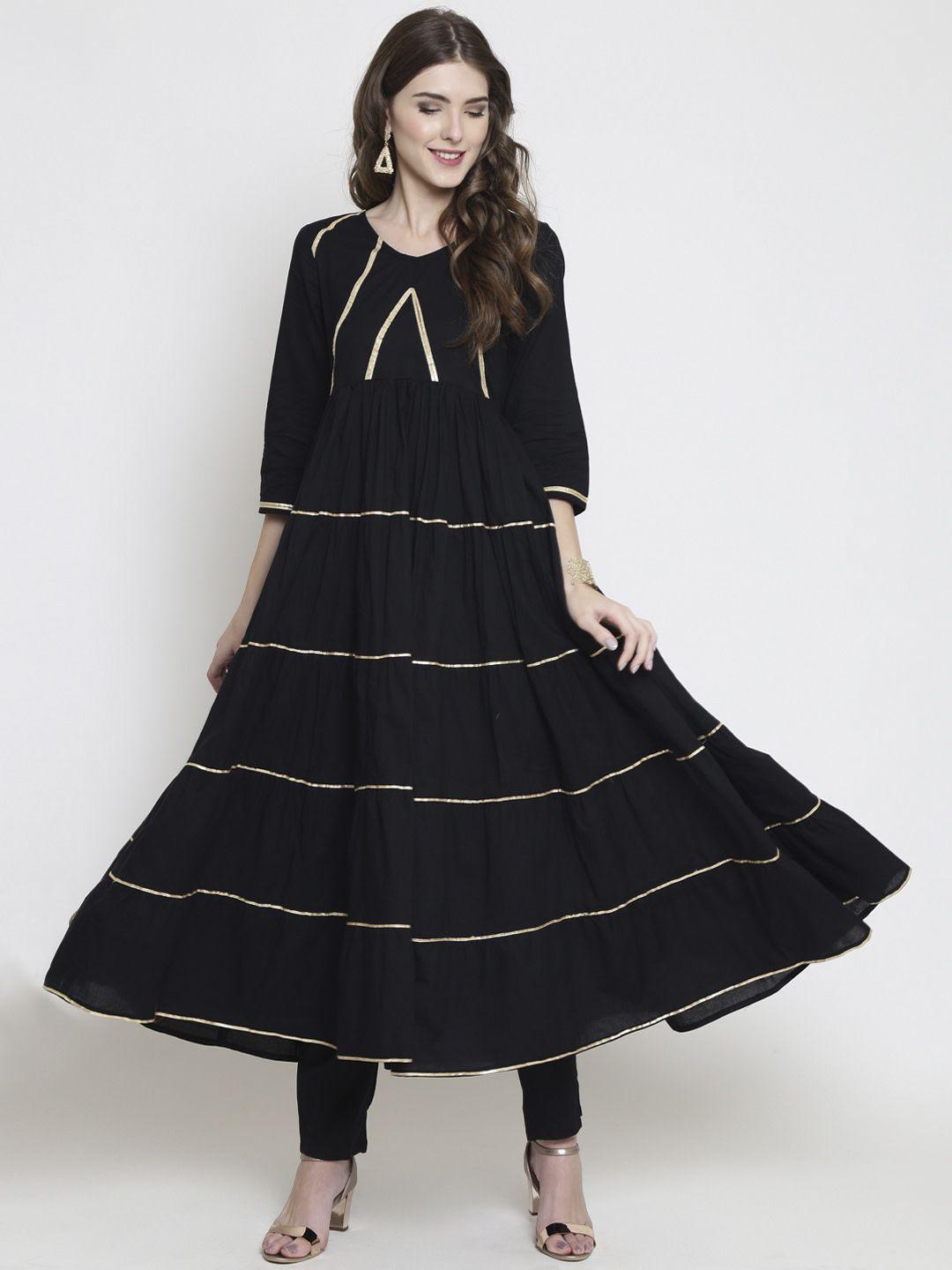 sera women black striped anarkali tiered kurta