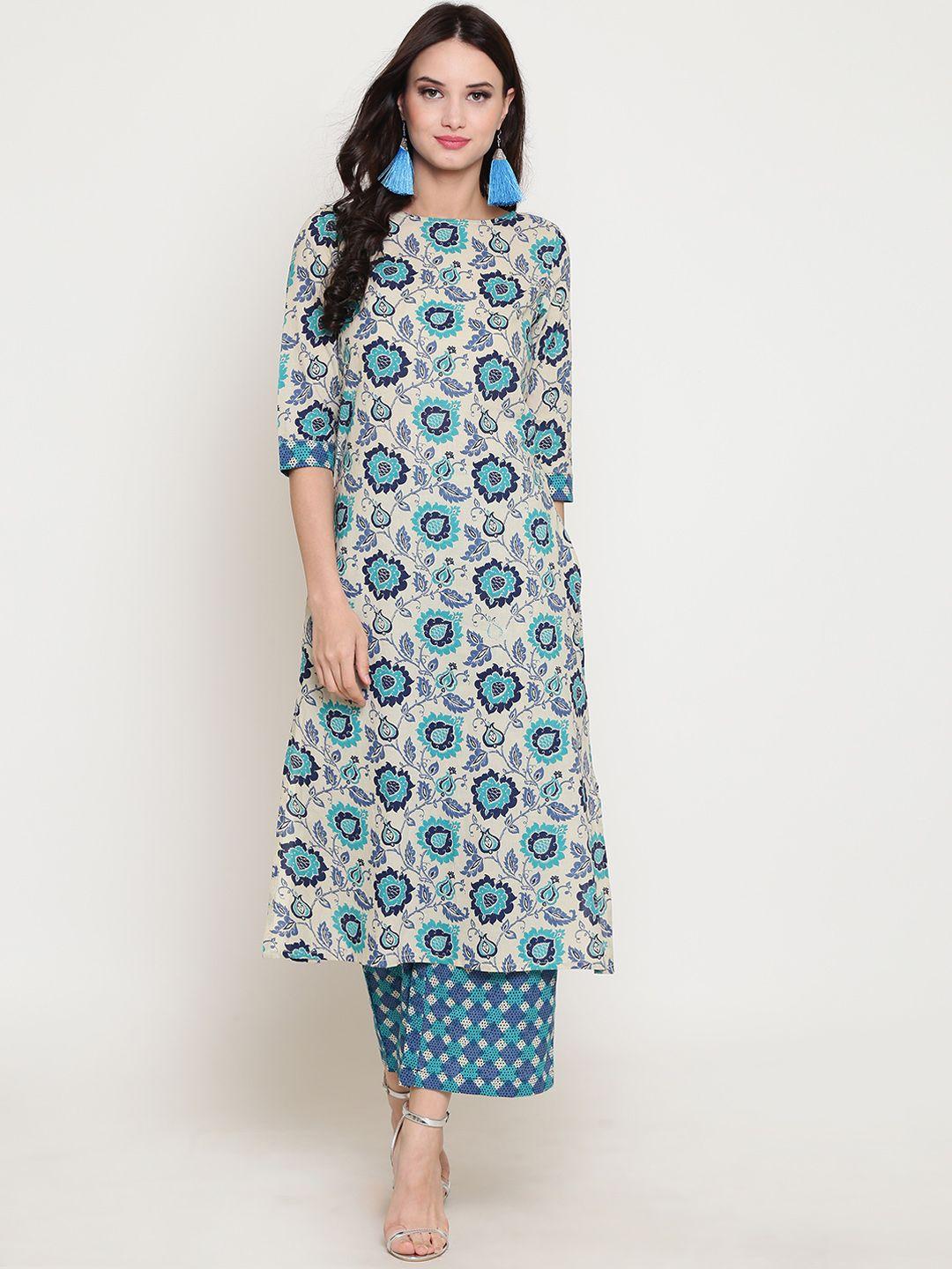 sera women blue & beige printed straight kurta