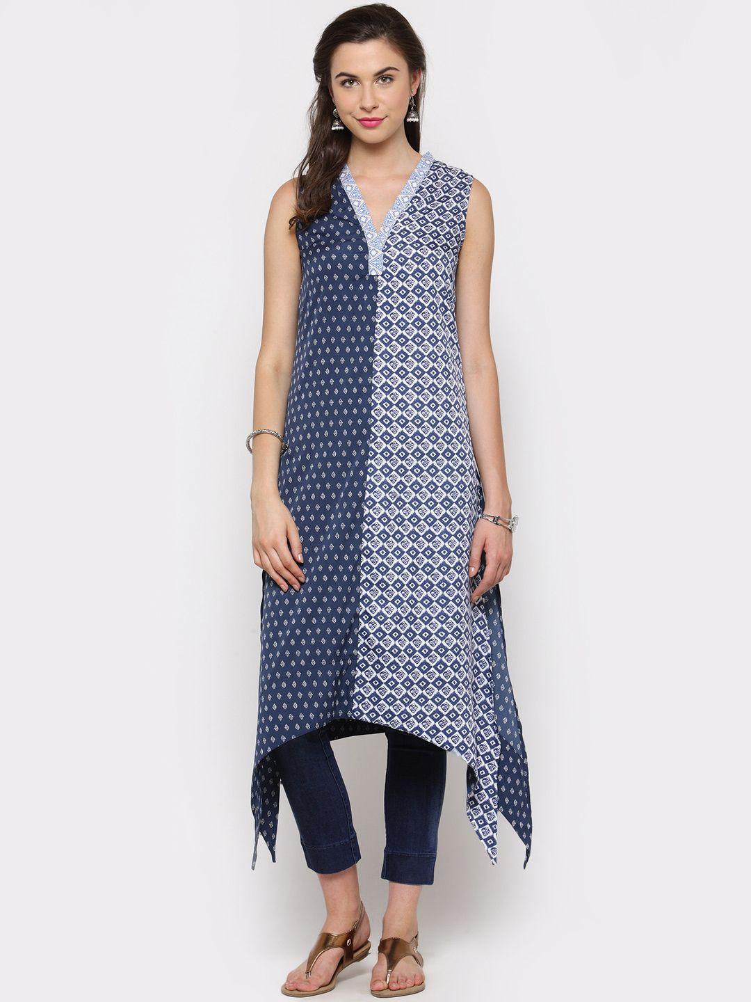 sera women blue & off-white printed asymmetric hemline a-line kurta