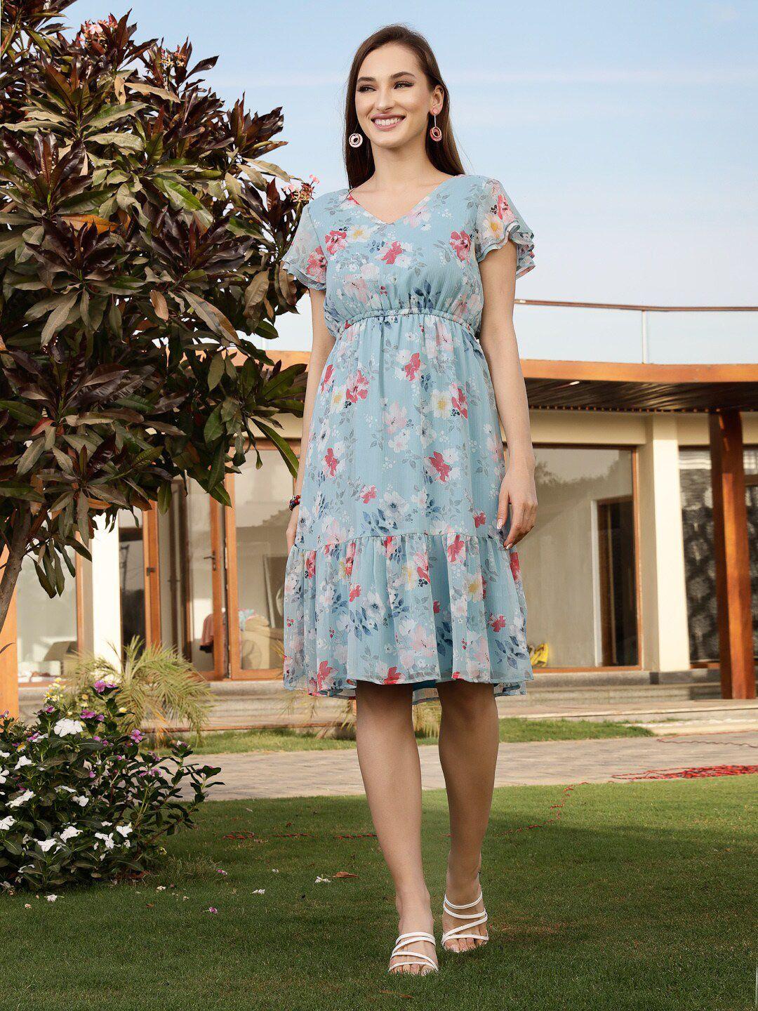 sera women blue & pink floral chiffon dress