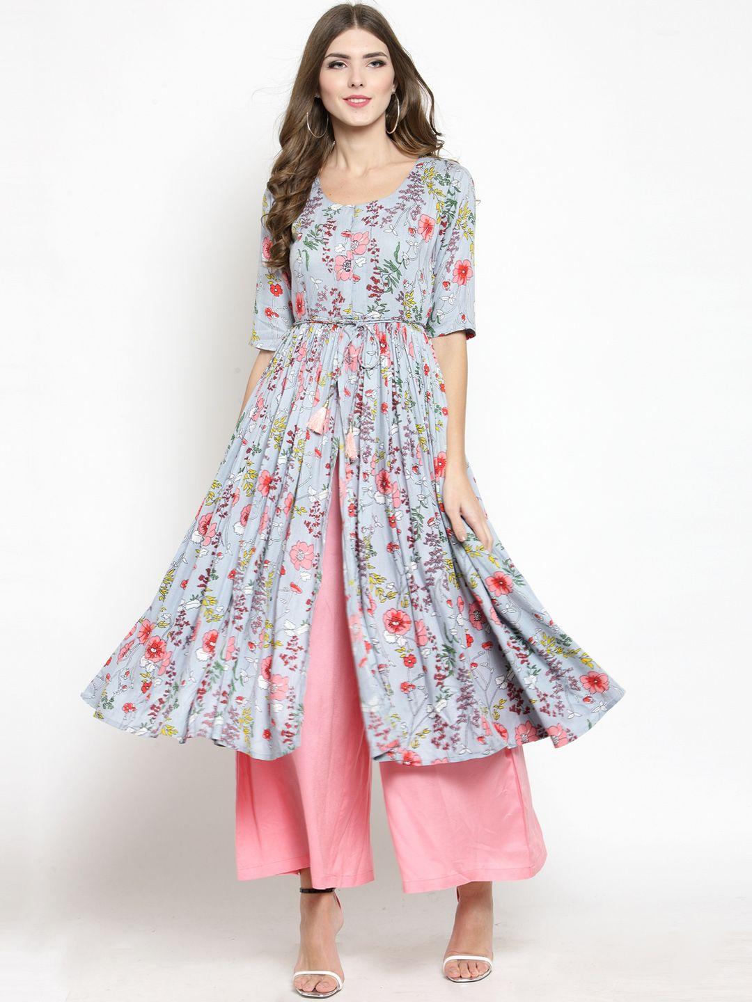 sera women blue & red floral print anarkali kurta