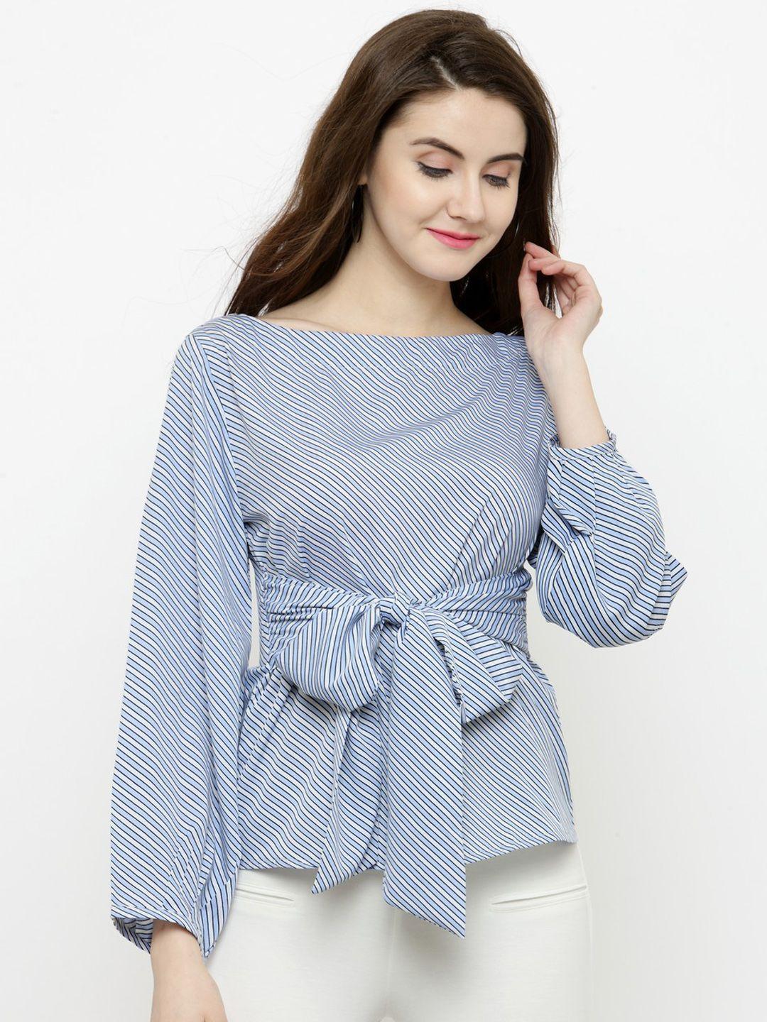 sera women blue & white striped cinched waist top