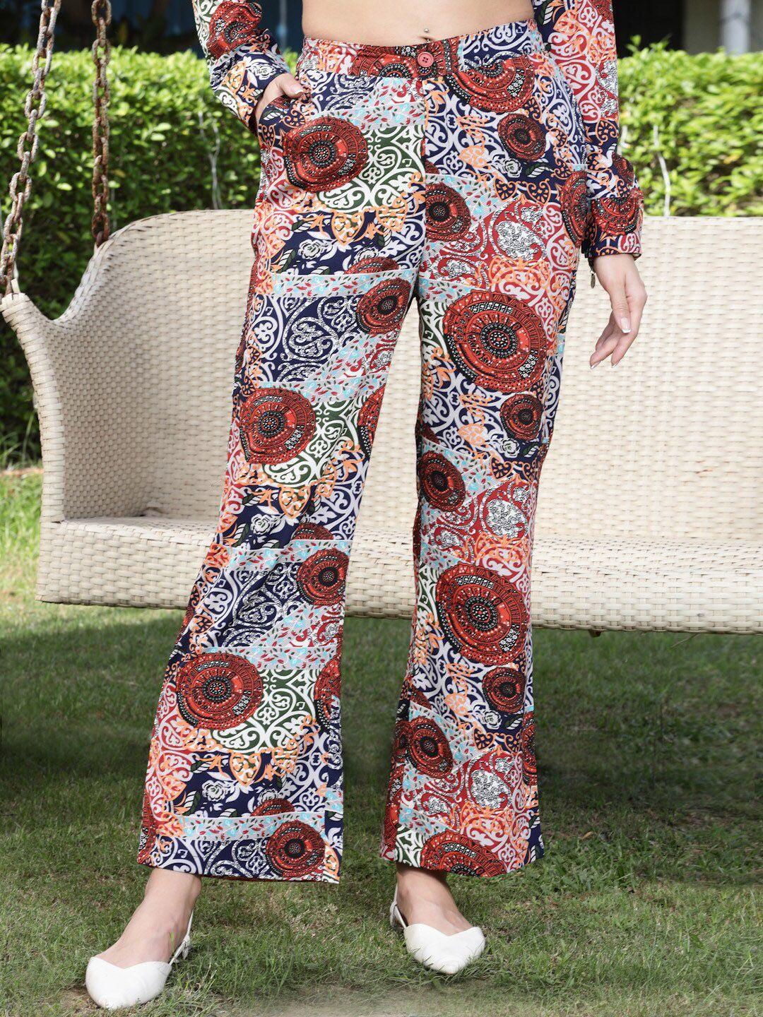 sera women blue ethnic motifs printed relaxed straight leg trousers