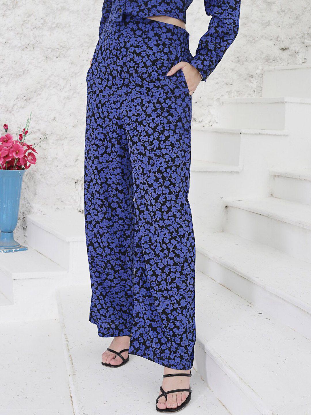 sera women blue floral printed relaxed straight leg easy wash trousers