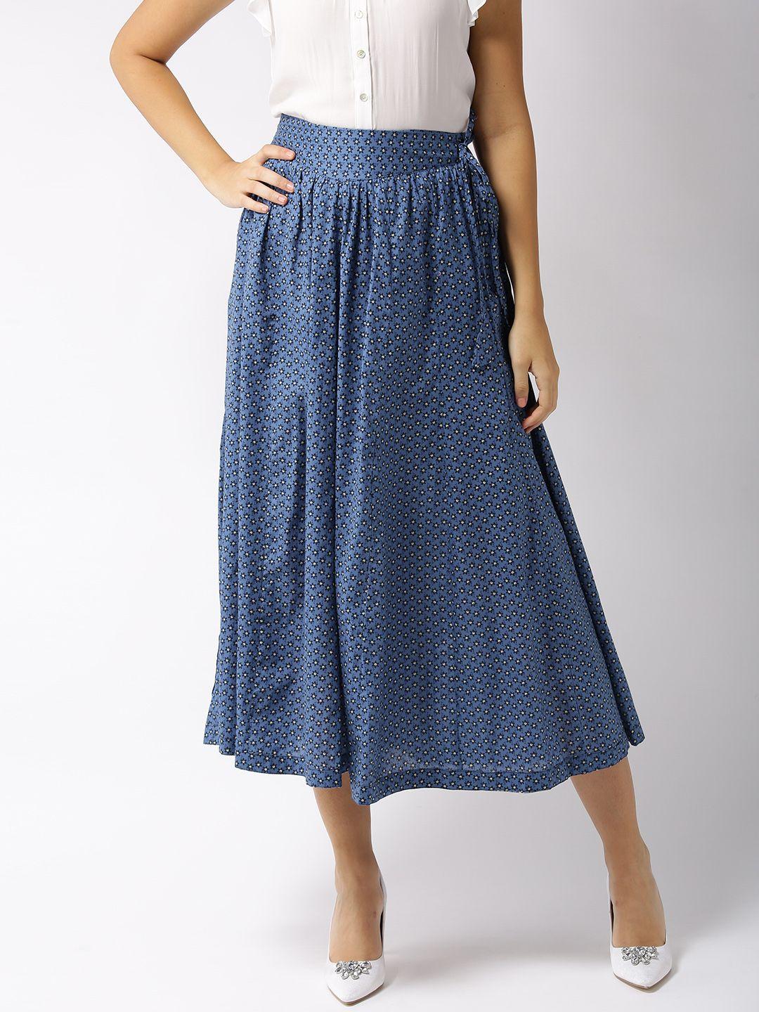 sera women blue printed flared pure cotton skirt