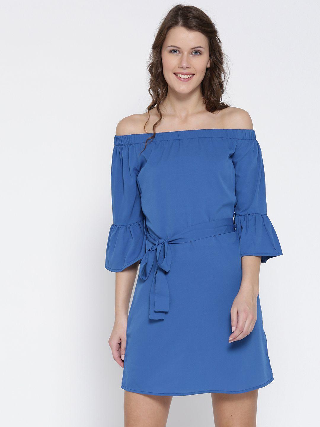 sera women blue solid fit and flare dress