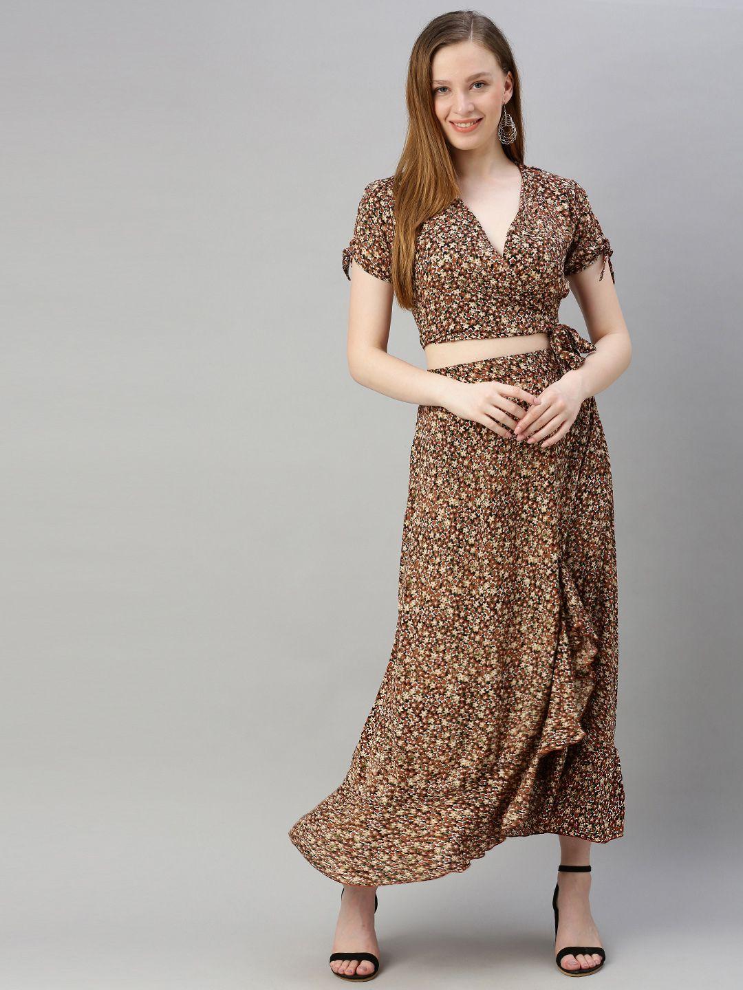 sera women brown & beige printed wrap top with skirt