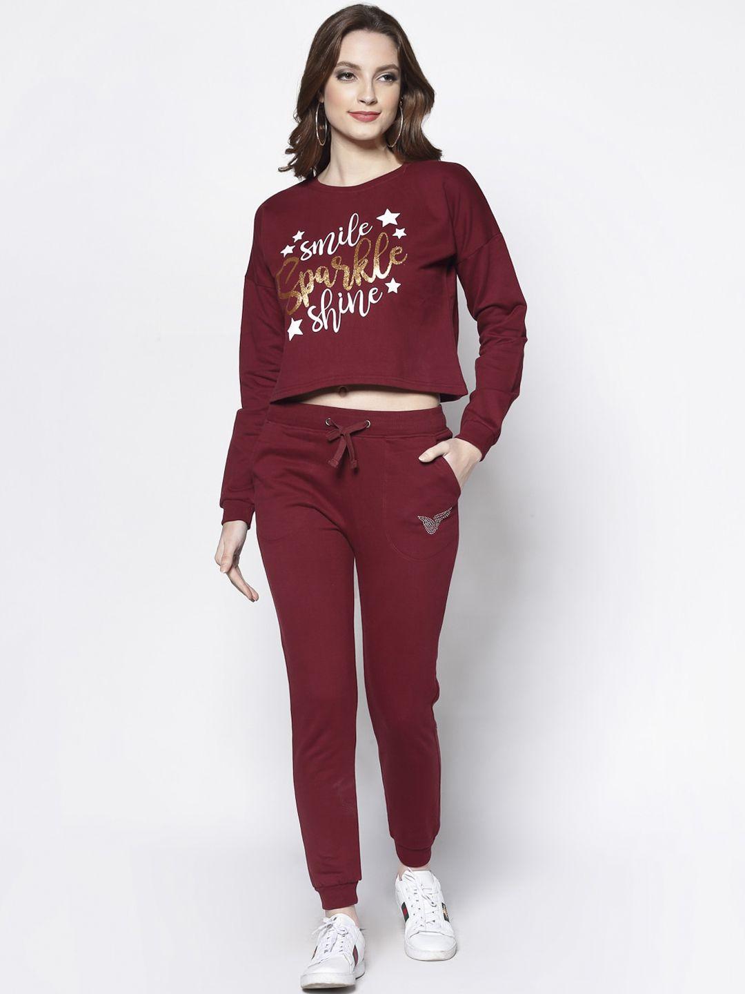 sera women burgundy & white solid cotton tracksuit