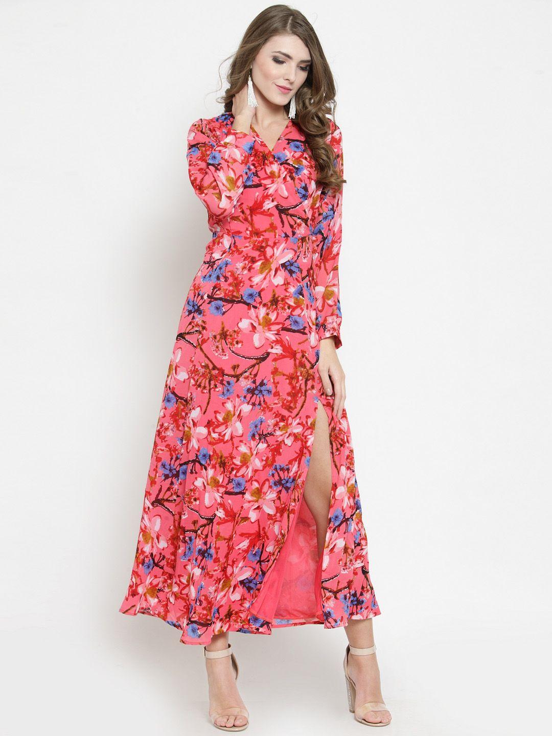 sera women coral pink and blue floral printed shirt dress