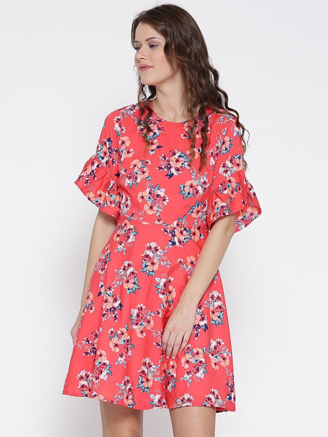 sera women coral red floral print fit & flare dress