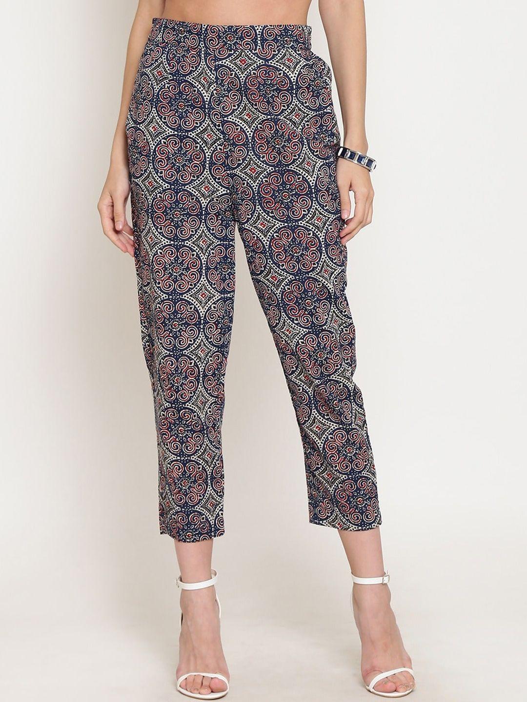 sera women ethnic motifs printed straight fit cotton cigarette trousers