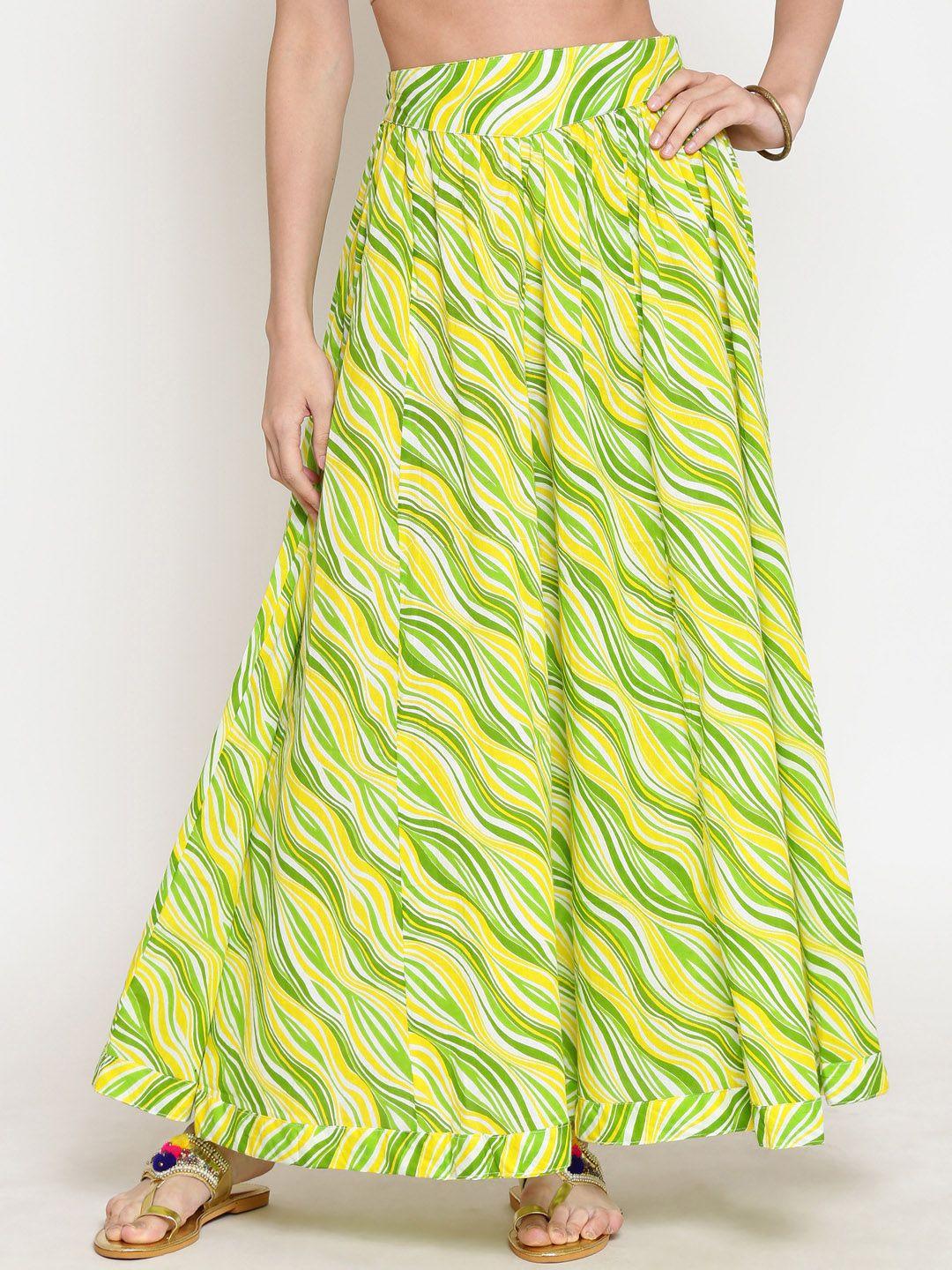 sera women green & yellow printed flared maxi skirt