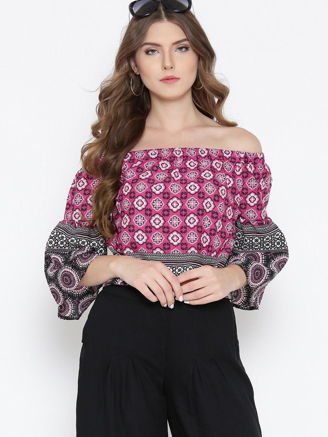 sera women magenta & black printed bardot top