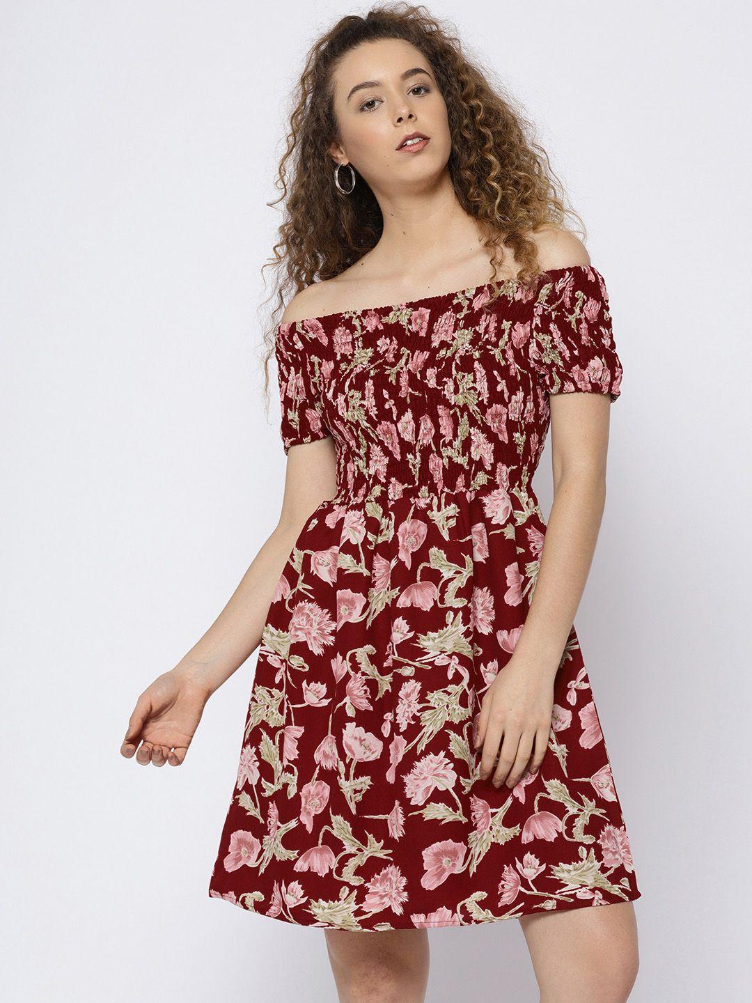 sera women maroon printed fit and flare dress