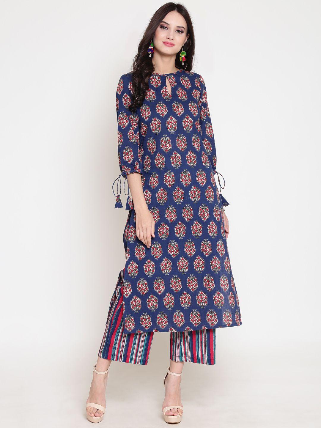 sera women navy blue & red printed kurta with palazzos