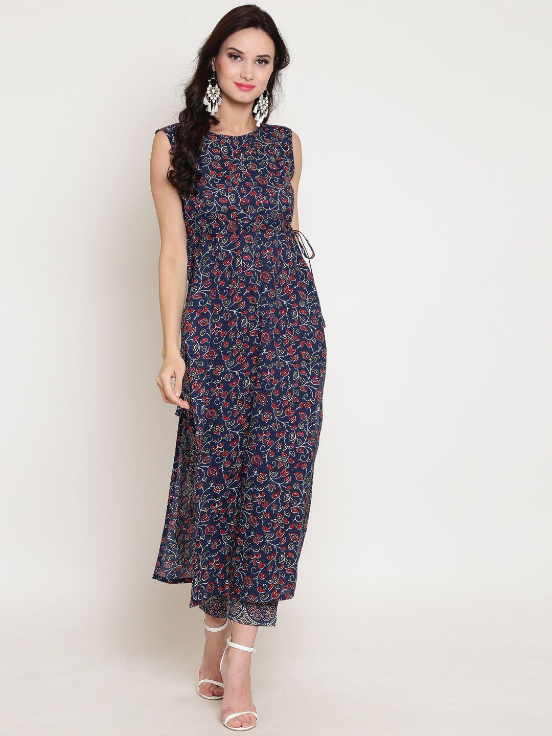 sera women navy blue & red printed kurta with palazzos