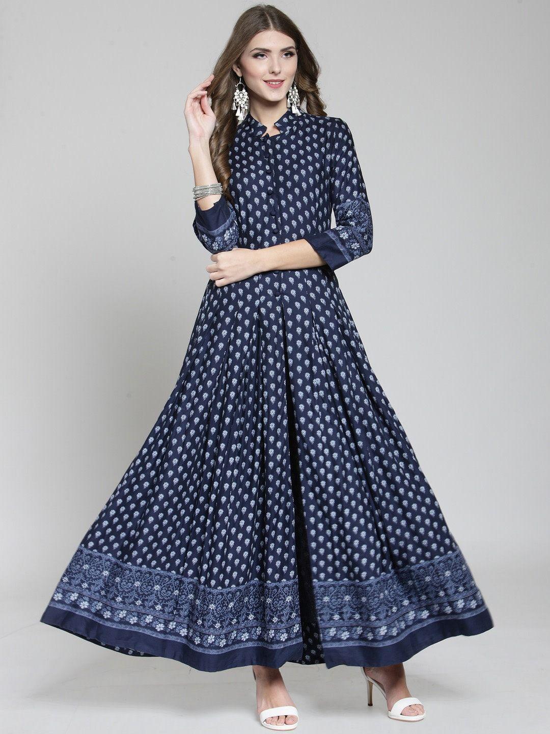 sera women navy blue & white ethnic motifs printed mandarin collar anarkali kurta