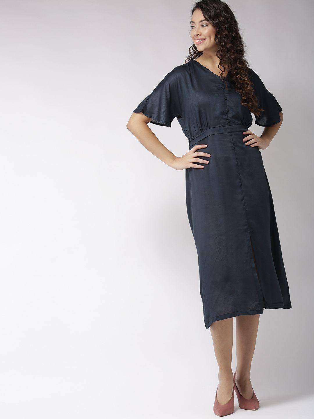 sera women navy blue self design midi a-line dress