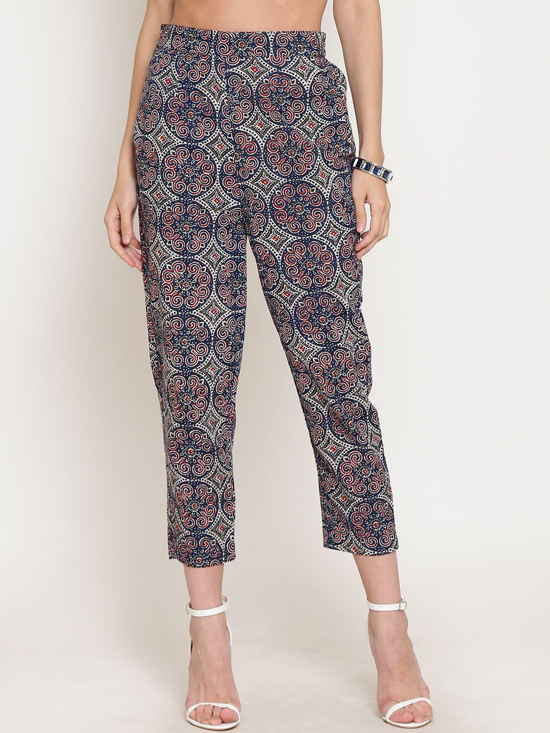 sera women navy blue straight fit printed cigarette trousers