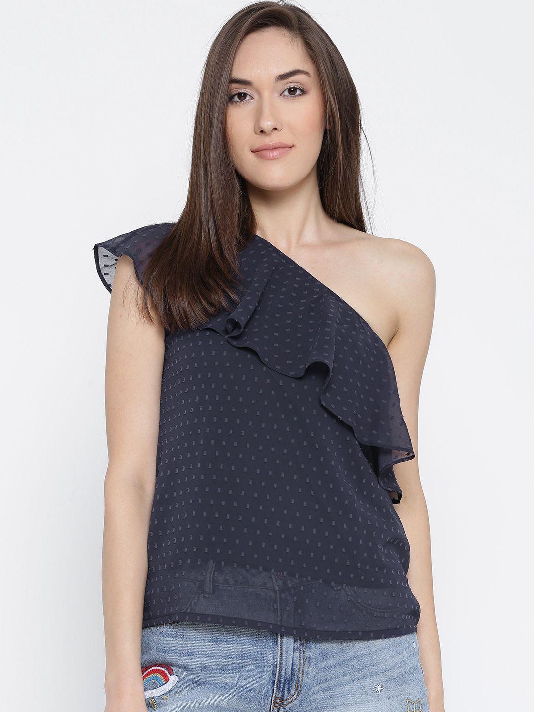 sera women navy self-design one-shoulder top