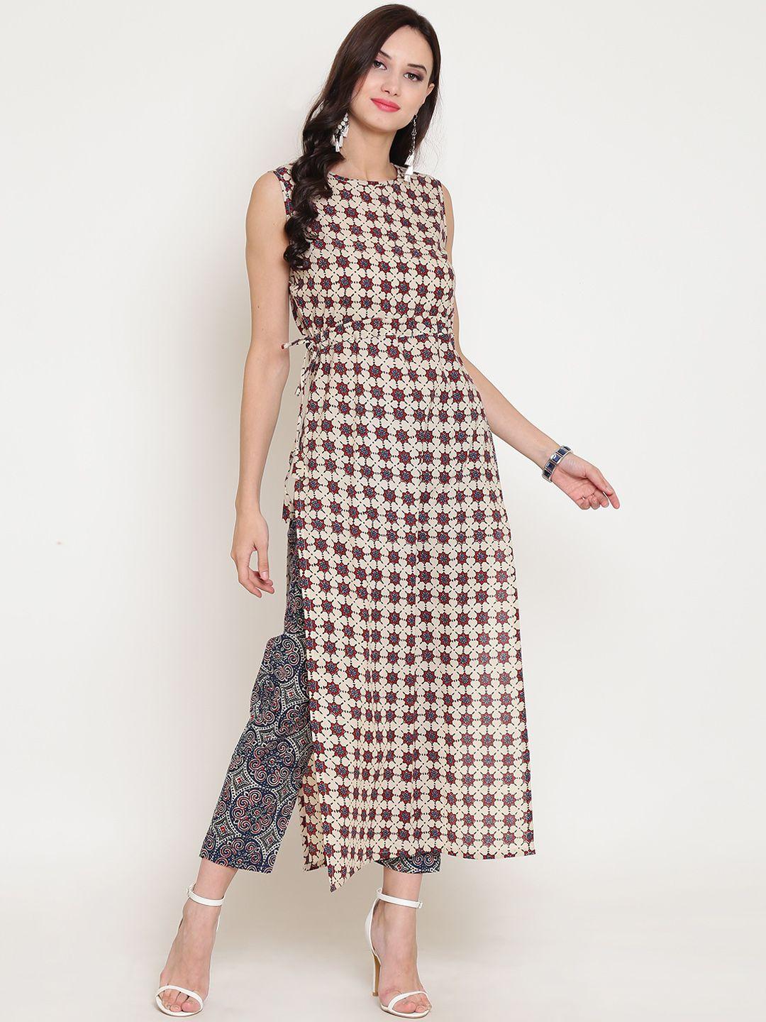 sera women off-white & burgundy printed kurta with palazzos