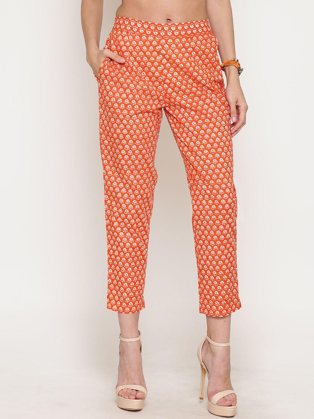sera women orange & off-white straight fit printed cigarette trousers