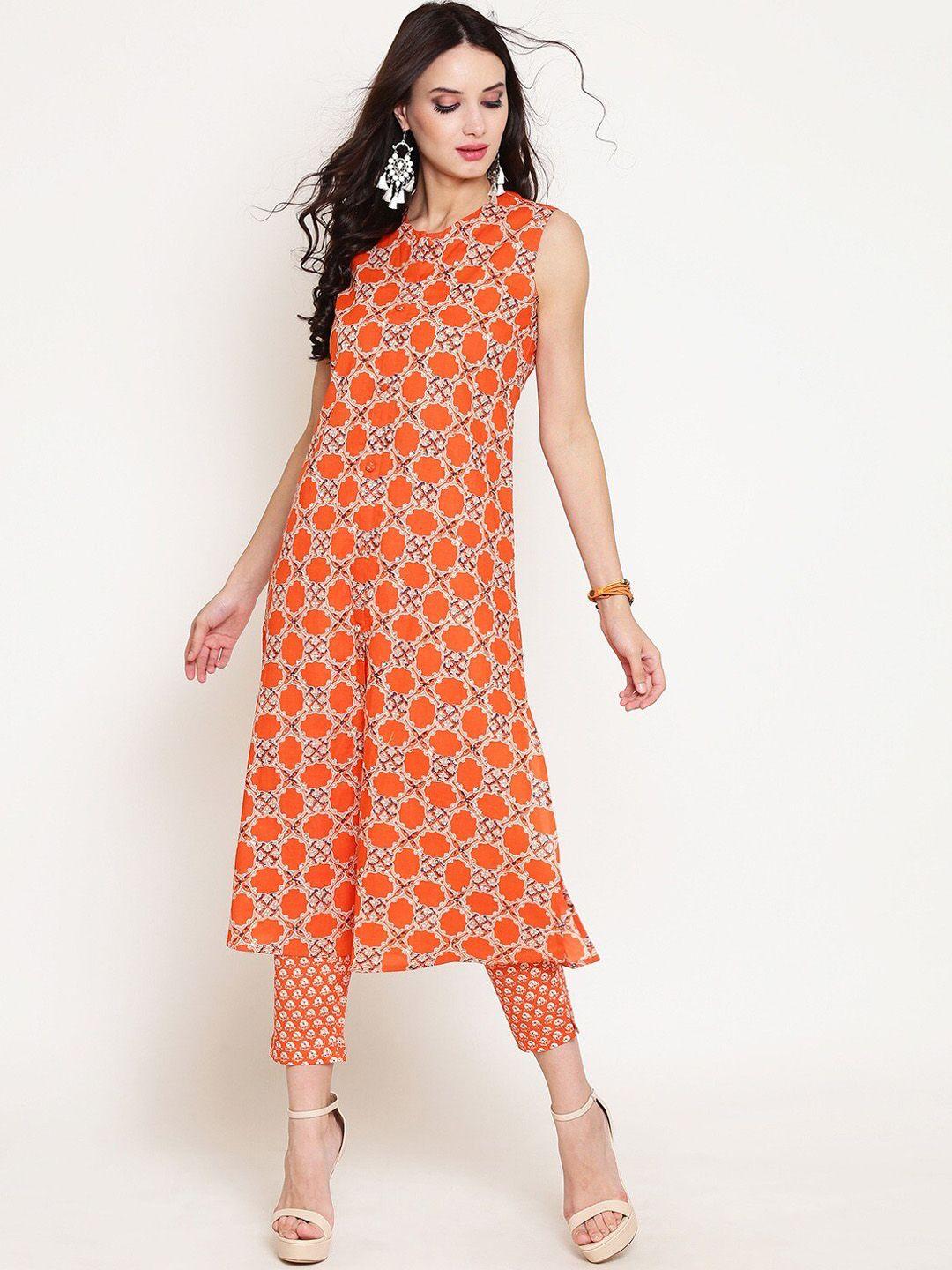 sera women orange & white ethnic motifs printed a-line pure cotton kurta with trousers