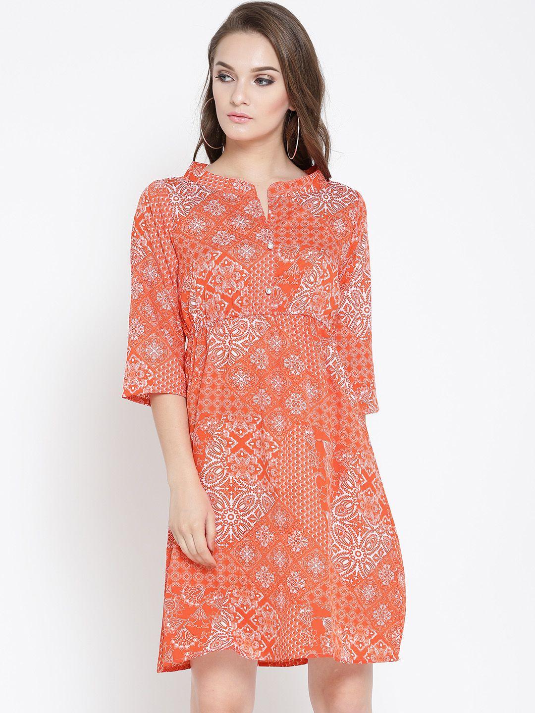 sera women orange printed a-line dress