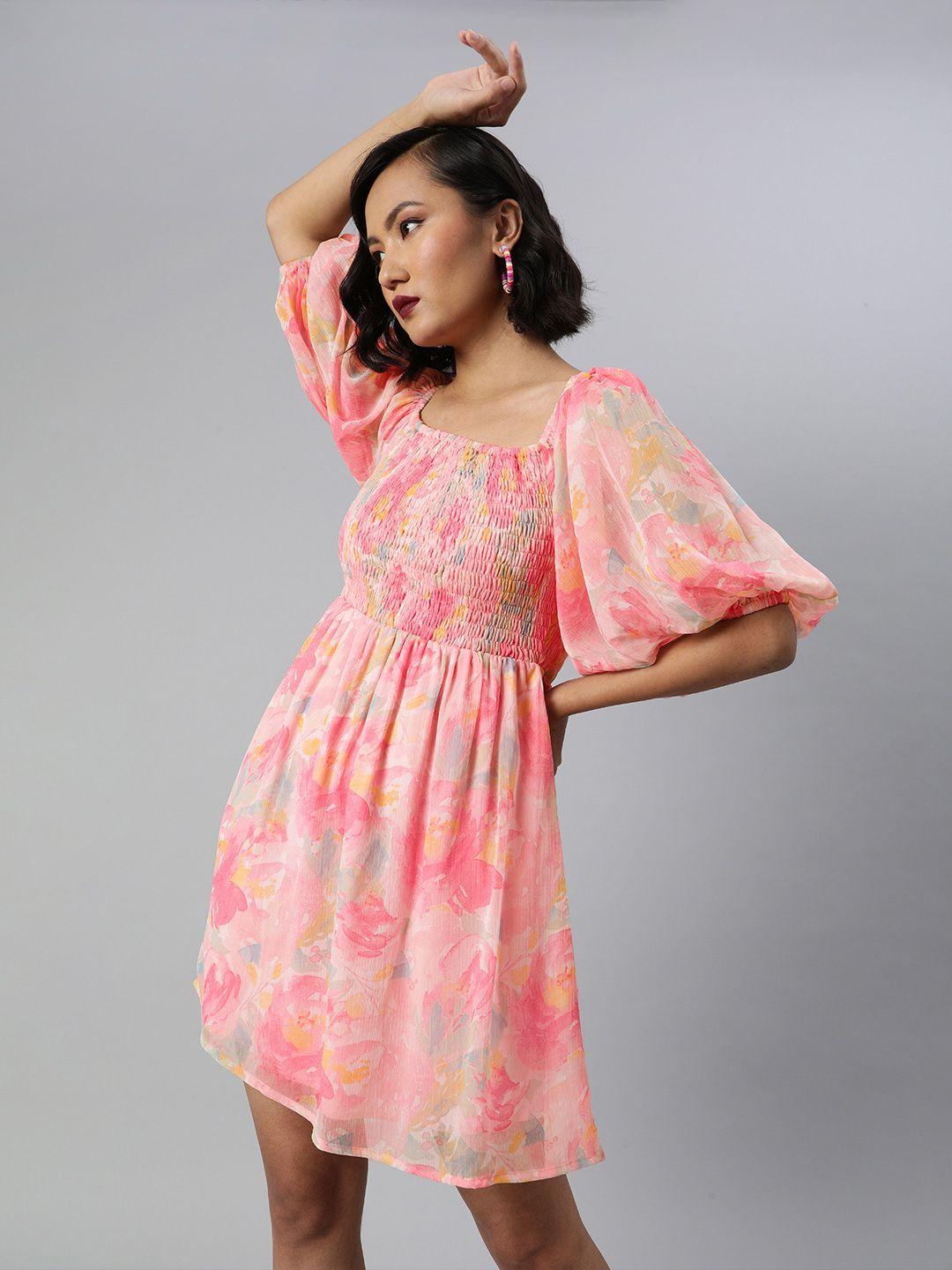 sera women pink & blue floral printed smocked fit and flare dress