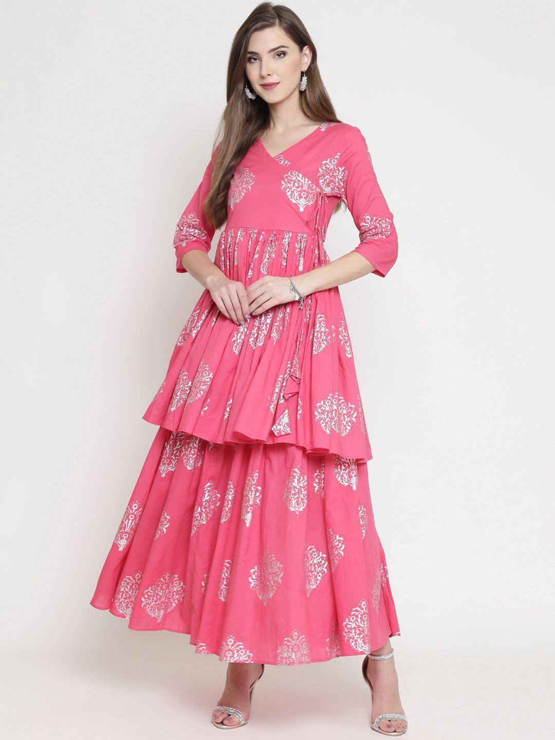 sera women pink & silver-toned printed a-line kurta