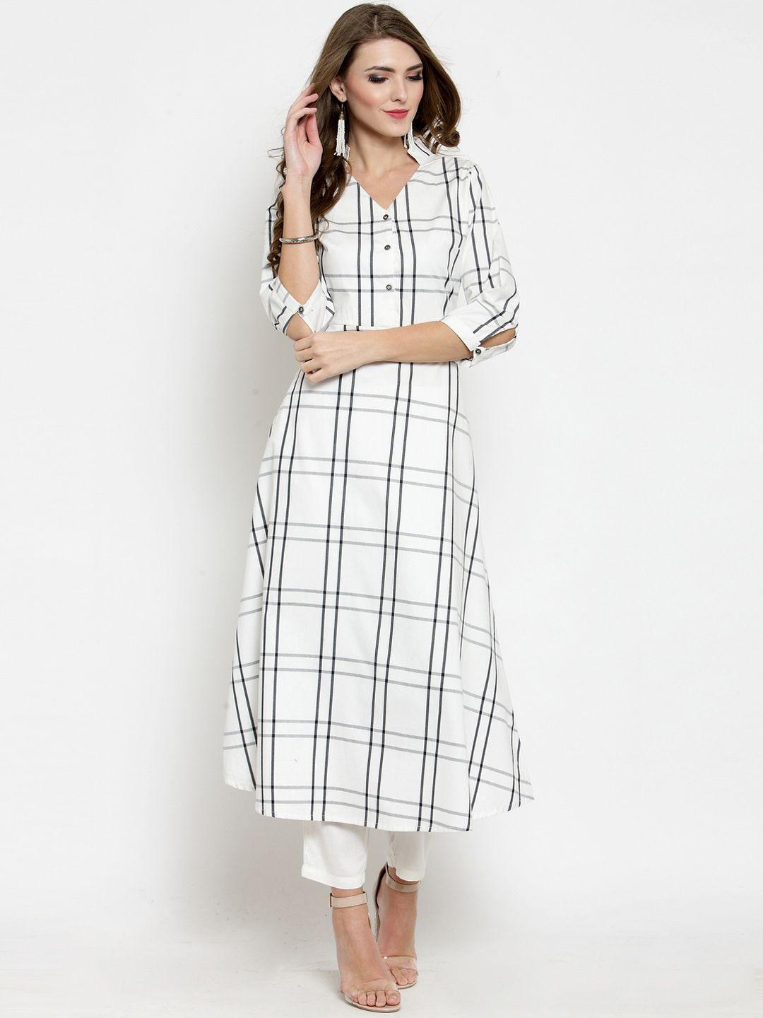 sera women white & black checked a-line kurta