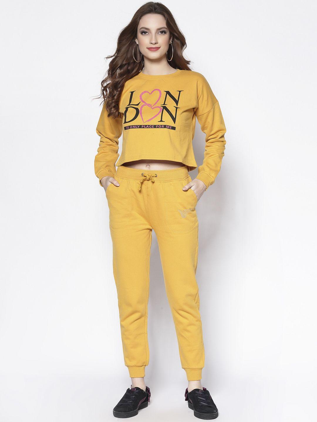 sera women yellow & black printed cotton tracksuit