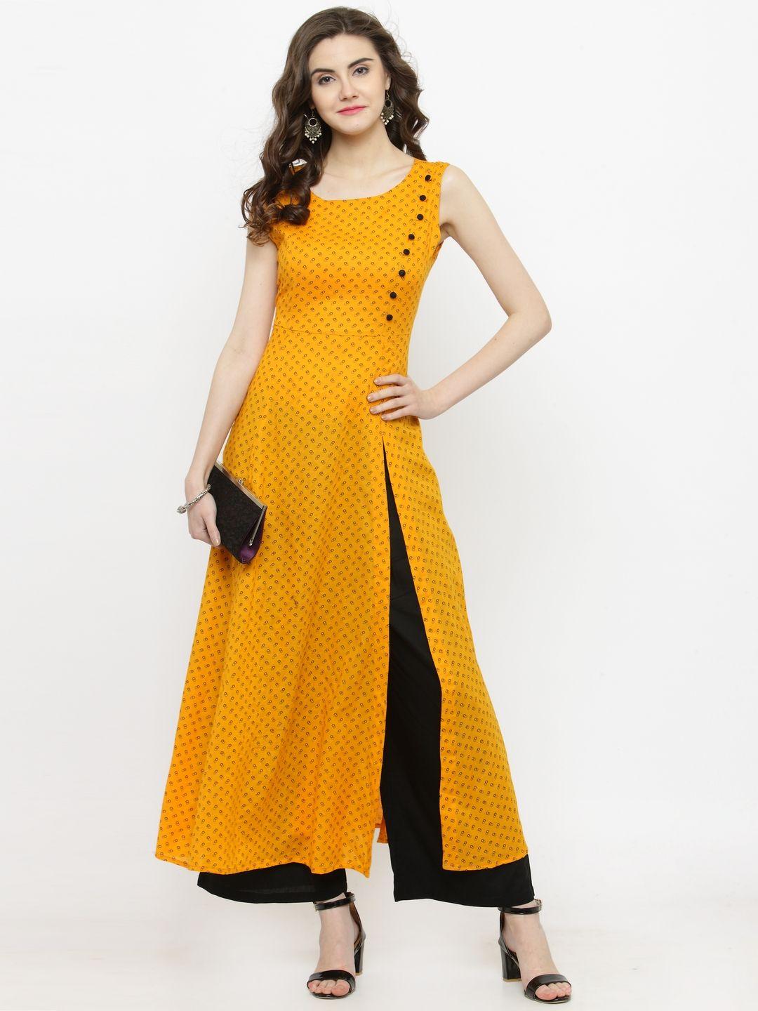 sera women yellow & black printed kurta with palazzos