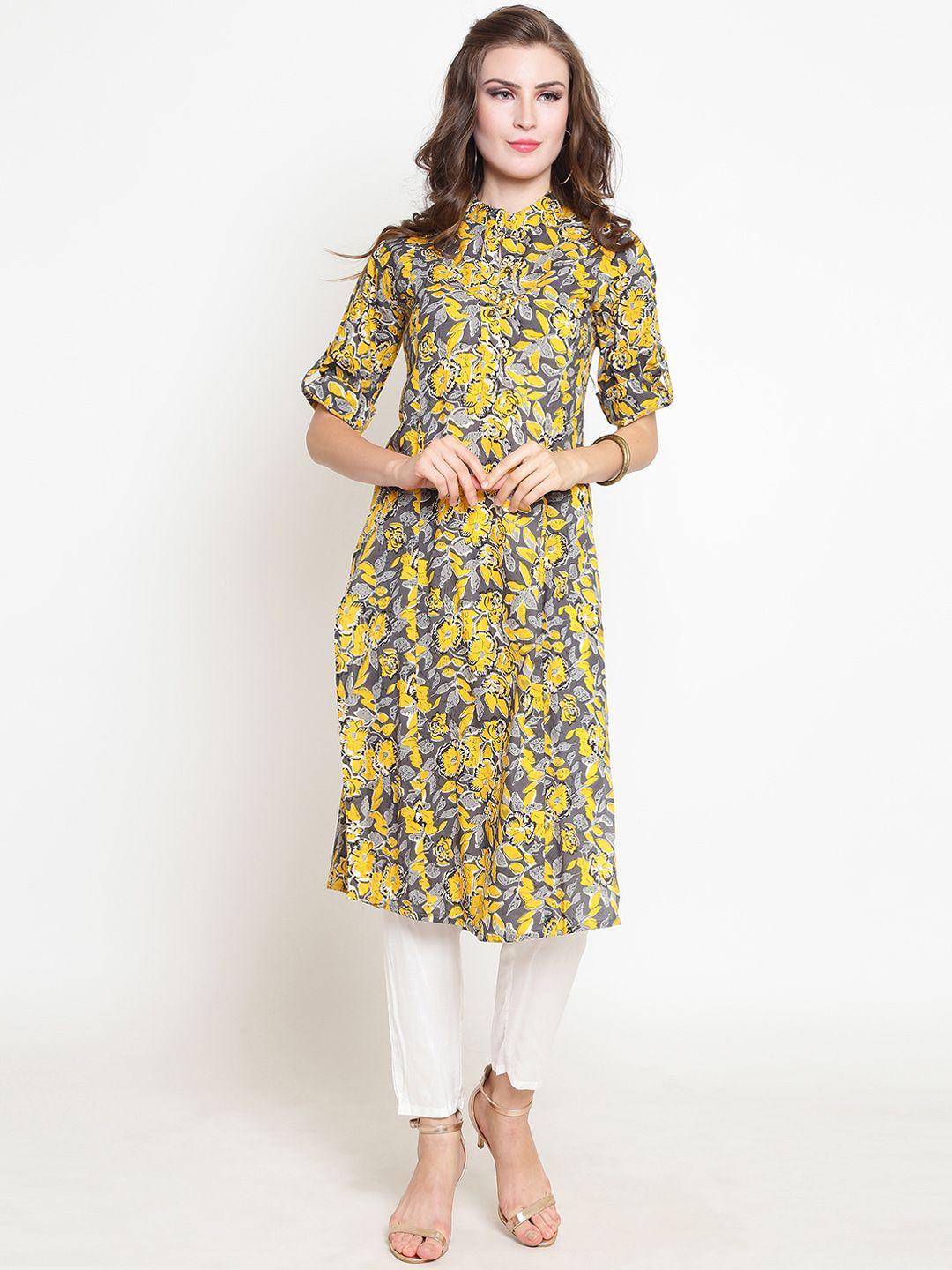 sera women yellow & grey printed kurta with palazzos