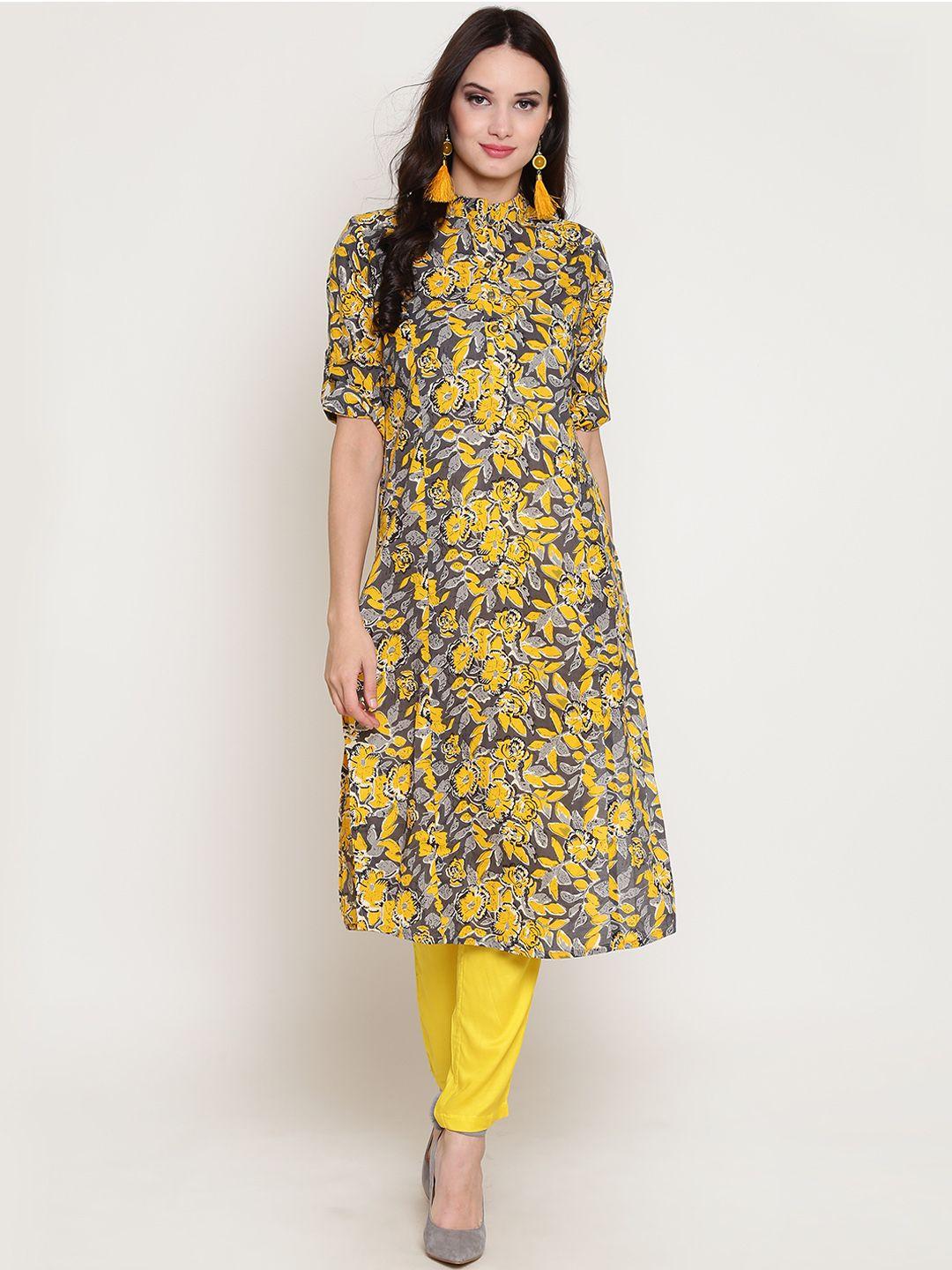 sera women yellow & grey printed kurta with palazzos