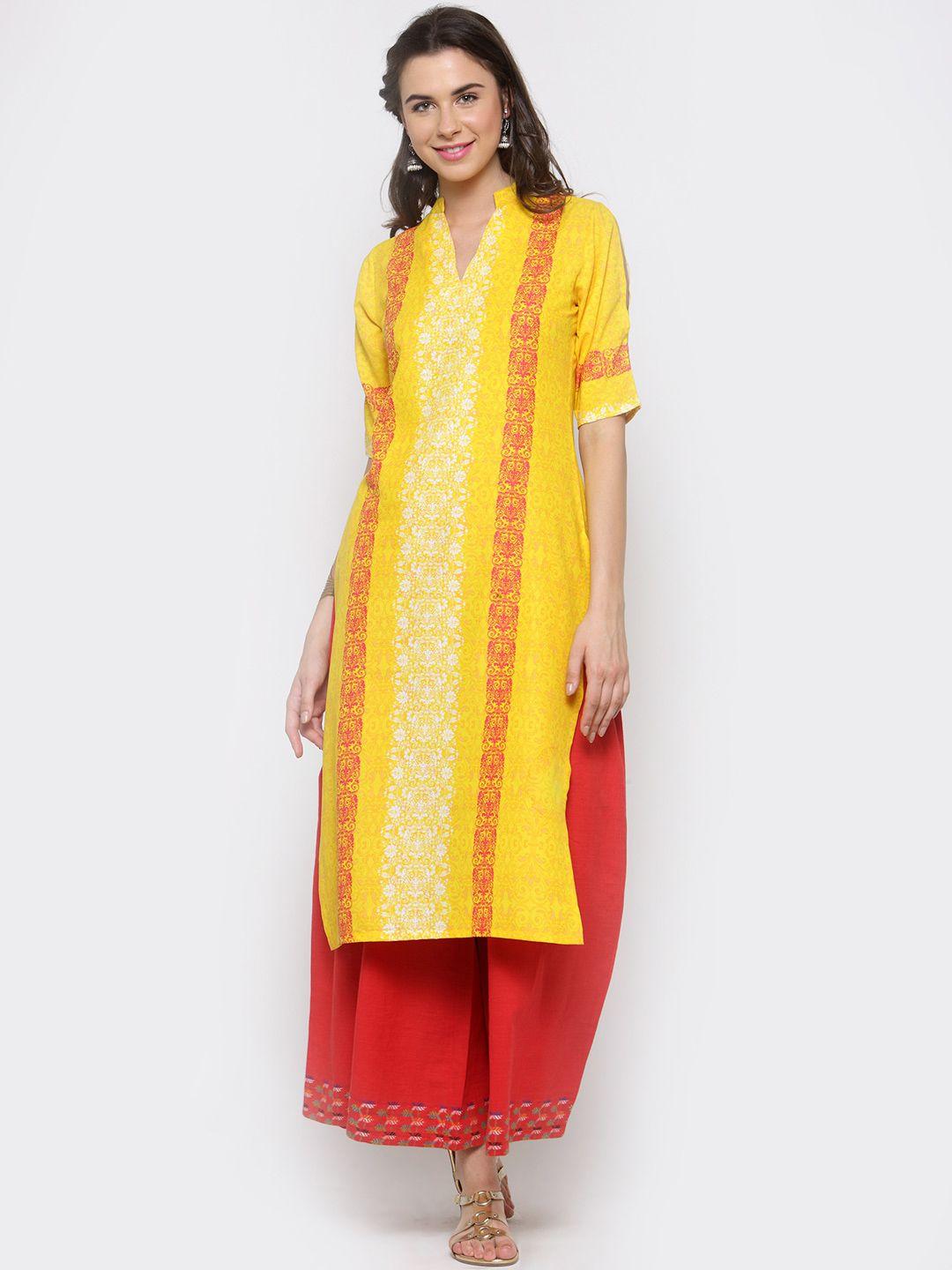 sera women yellow & red printed straight kurta