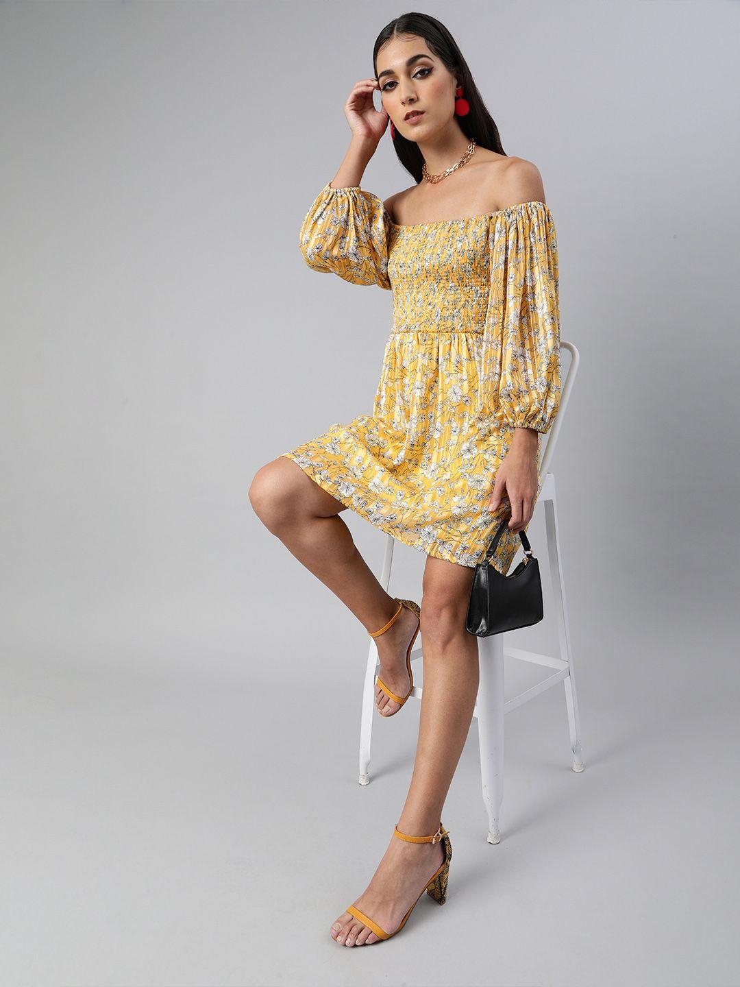 sera women yellow & white floral printed smocked a-line dress