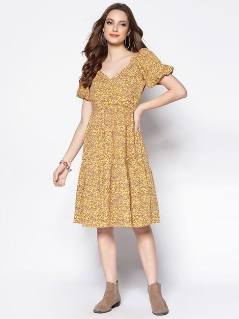 sera yellow cotton printed a-line dress